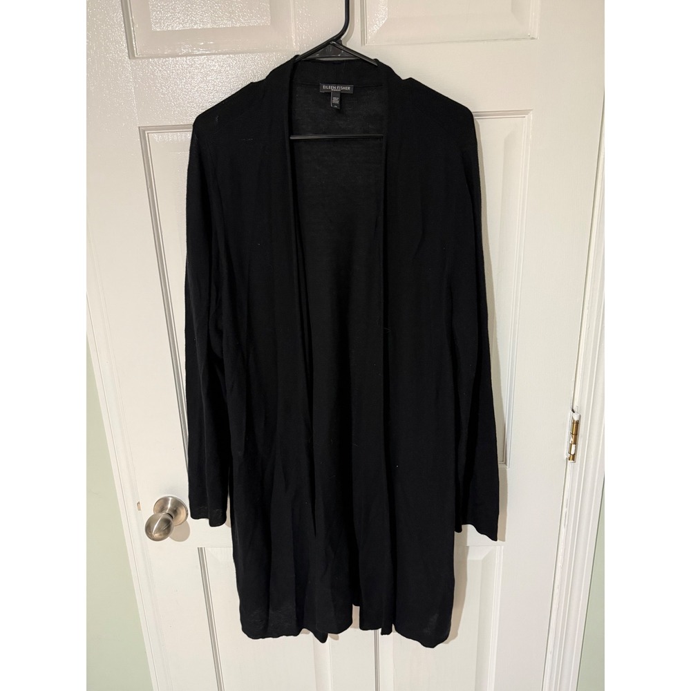 Eileen Fisher Woman Black Silk Cotton Blend Open Front Long Cardigan 2X S17TEO